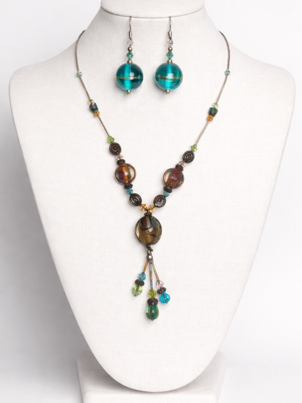 Boho Glass Bead Jewelry Set -Multicolor Teal & Amber